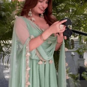 Fancy Mint Green Duppata Set, 3 pc Anarkali Gown With Duppatta Set With Pent